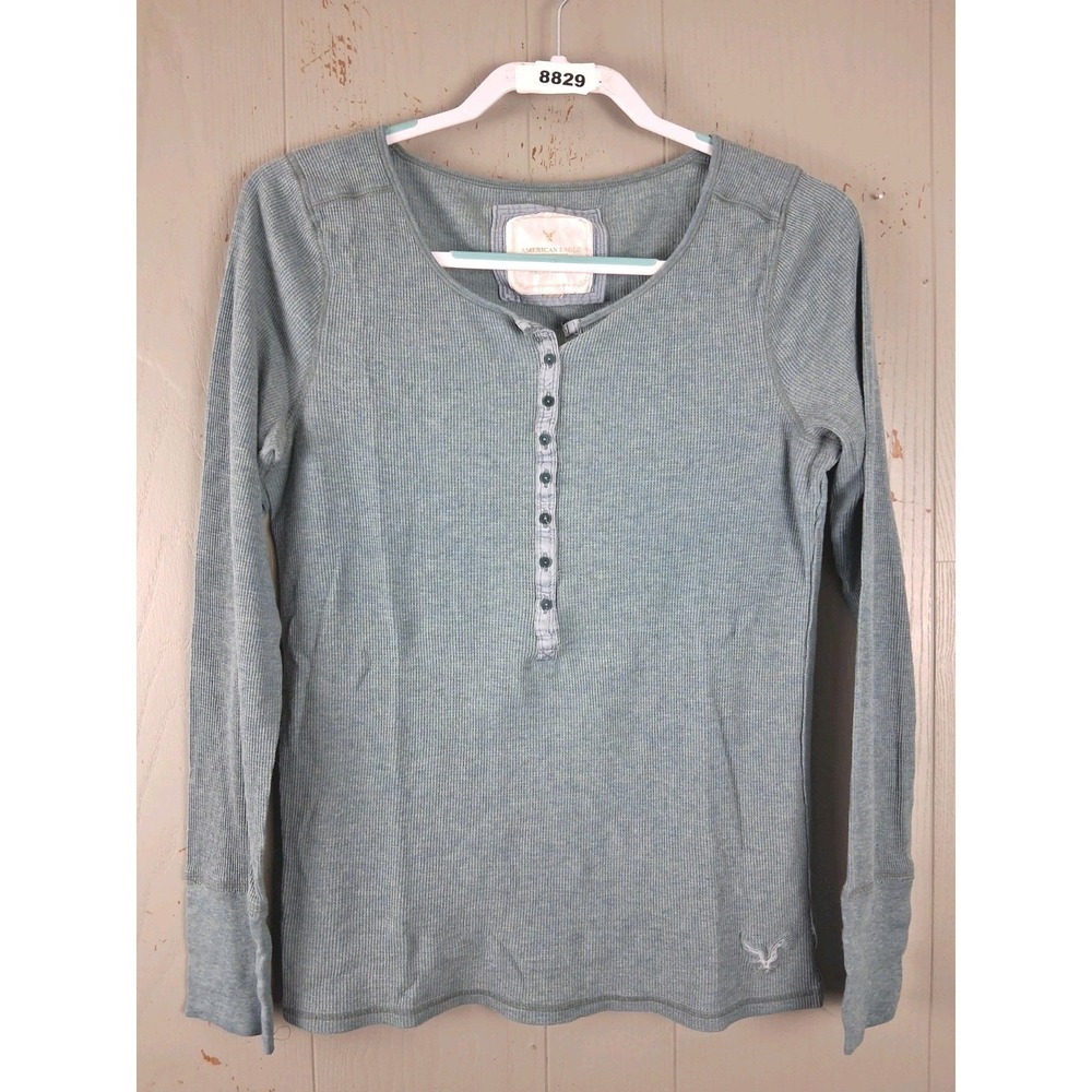 Y2K 2000s Blue Henley Top Large Vintage American Eagle Waffle Knit Teal Green